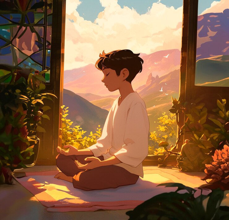 Photo gratuit un personnage de style anime méditant et contemplant la pleine conscience