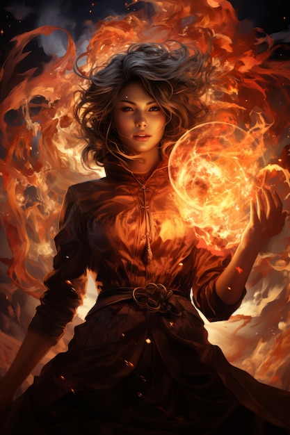 Un personnage de style fantastique en feu.