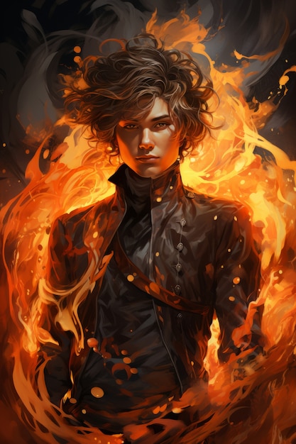 Un personnage de style fantastique en feu.