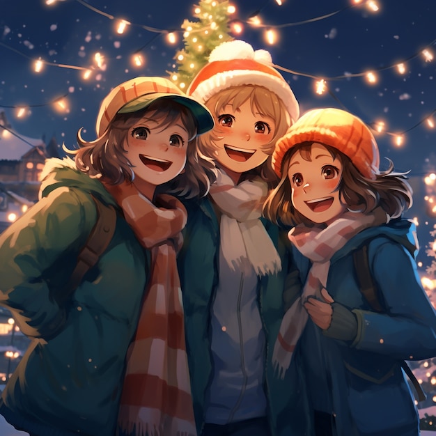 Photo gratuite des personnages d'anime célébrant noël