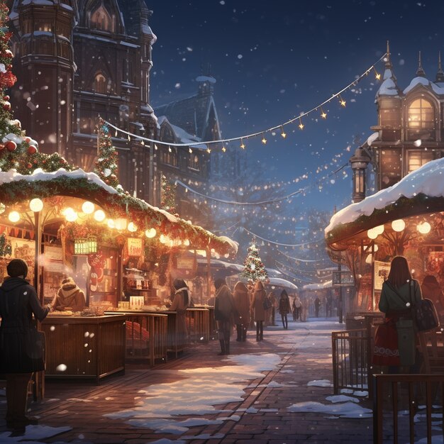 Personnages d'anime dans la ville pendant la saison de Noël