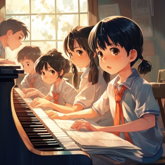 Photo gratuite des personnages d'anime jouant du piano