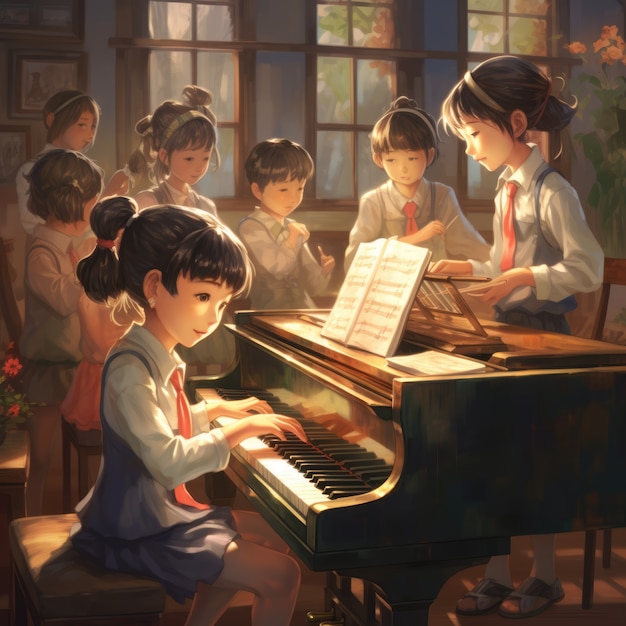 Photo gratuite des personnages d'anime jouant du piano