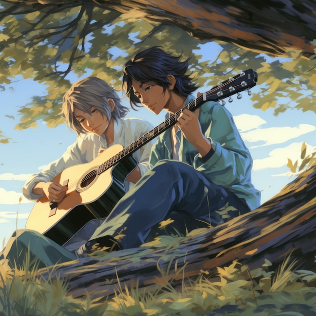 Photo gratuite des personnages d'anime jouant de la guitare