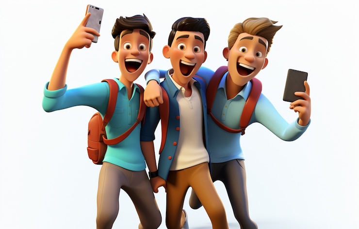 Photo gratuit des personnages de dessins animés adolescents utilisant un téléphone