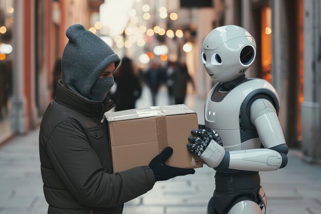 Une personne adulte interagissant avec un robot de livraison futuriste