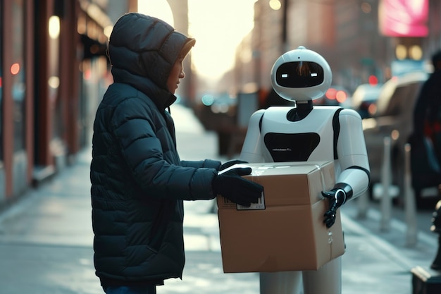 Photo gratuite une personne adulte interagissant avec un robot de livraison futuriste