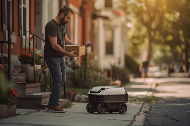 Photo gratuite une personne adulte interagissant avec un robot de livraison futuriste