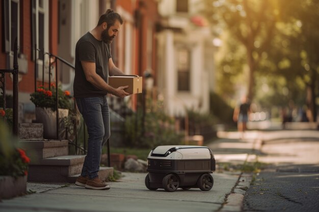 Une personne adulte interagissant avec un robot de livraison futuriste