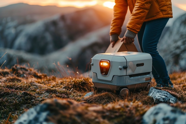 Une personne adulte interagissant avec un robot de livraison futuriste