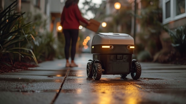 Photo gratuite une personne adulte interagissant avec un robot de livraison futuriste