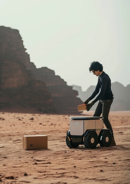 Une personne adulte interagissant avec un robot de livraison futuriste