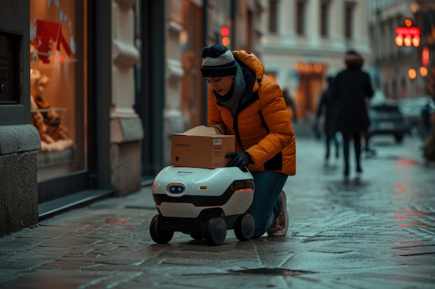 Photo gratuite une personne adulte interagissant avec un robot de livraison futuriste