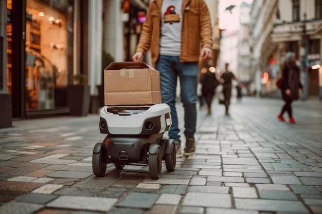 Une personne adulte interagissant avec un robot de livraison futuriste