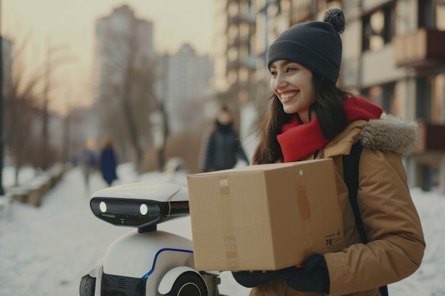 Photo gratuite une personne adulte interagissant avec un robot de livraison futuriste