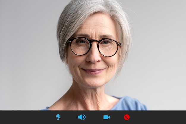 Photo gratuite personne âgée utilisant la fonction d'appel vidéo sur son appareil