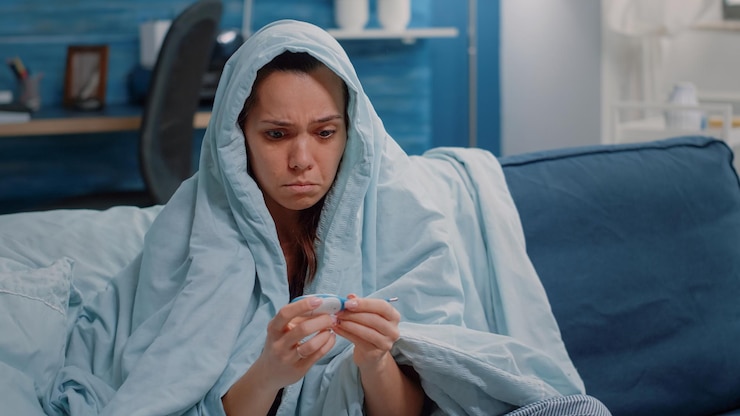 Photo gratuit personne atteinte d'une maladie utilisant un thermomètre pour la fièvre enveloppé dans une couverture. adulte malade regardant des instruments médicaux mesurant la température pour soigner les symptômes du rhume et de la grippe. femme malade