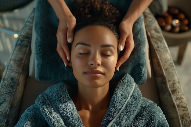 Photo gratuite une personne bénéficiant d'un massage du cuir chevelu au spa