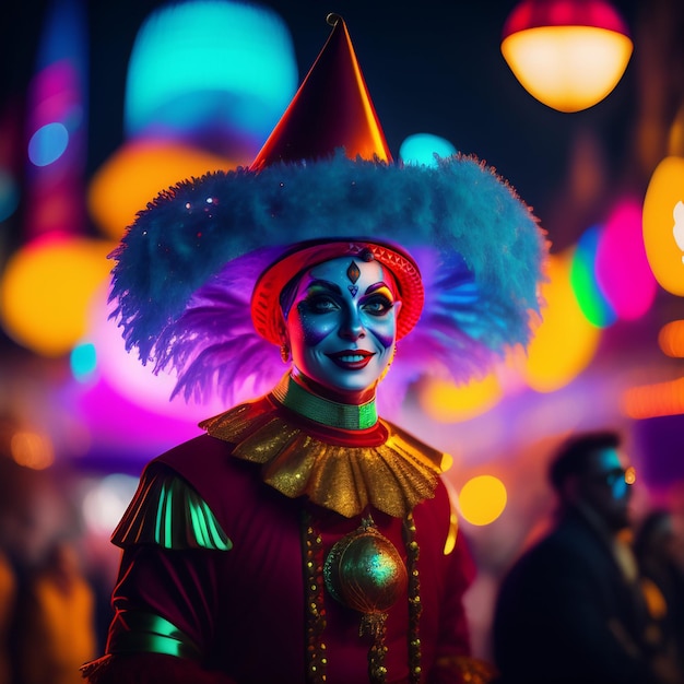 Photo gratuite une personne avec un costume de clown rouge se tient devant une lumière colorée.