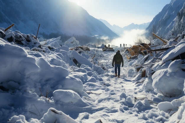 Personne dans des conditions de neige et d'hiver extrêmes