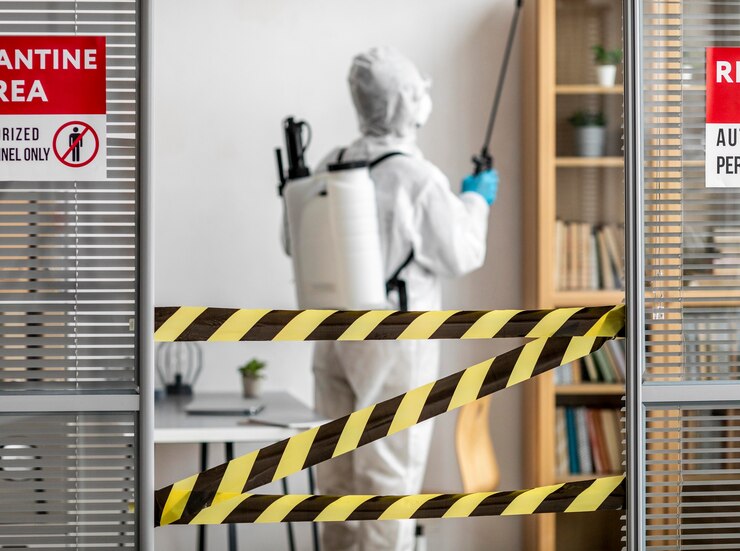 Photo gratuit personne dans un équipement spécial désinfectant une zone réglementée