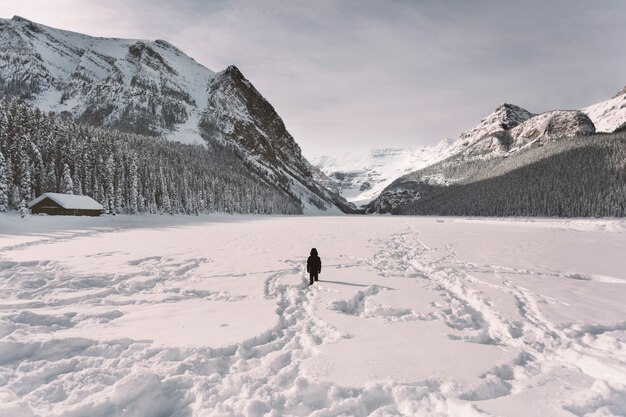 Personne dans la vallée enneigée dans les montagnes