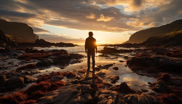 Une personne debout sur une falaise admirant la beauté de la nature générée par l'intelligence artificielle