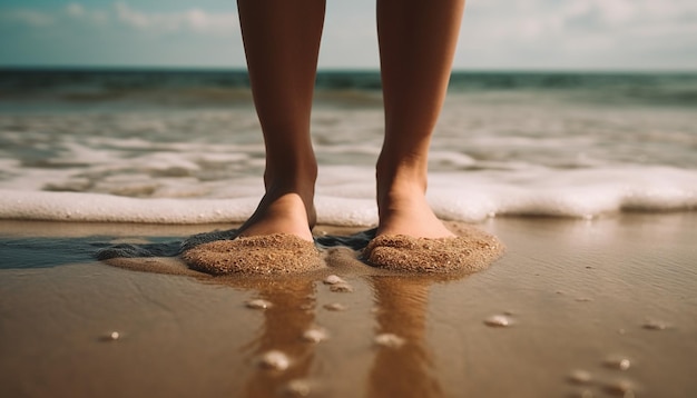 Une personne debout sur une plage avec les pieds dans le sable.