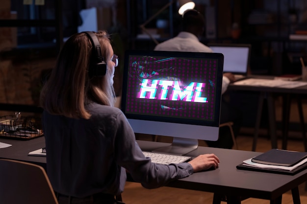 Personne devant l'ordinateur travaillant HTML