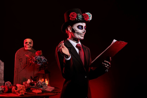 Photo gratuite une personne effrayante avec le jour des morts se maquille en prenant des notes sur des papiers à pince, ressemblant à santa muerte lors de la célébration des fêtes de dios de los muertos. costume traditionnel de déesse de la mort.