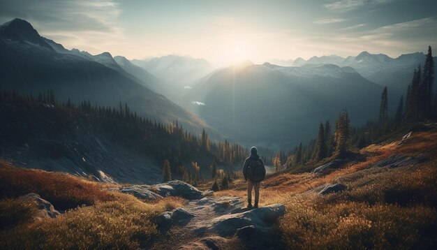 Une personne faisant de la randonnée au sommet d'une montagne en automne générée par l'IA