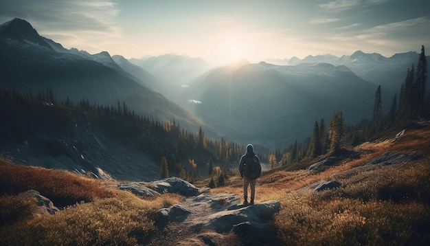 Une personne faisant de la randonnée au sommet d'une montagne en automne générée par l'IA