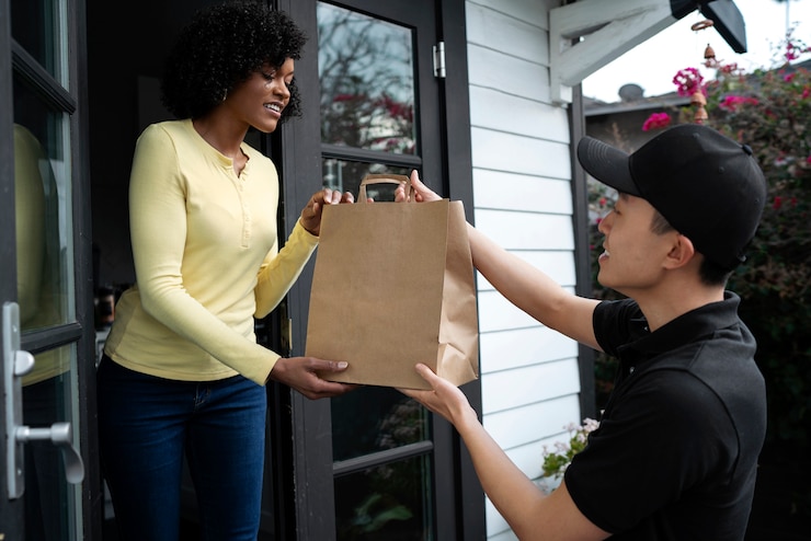 Photo gratuit personne de livraison qui sort le colis pour la livraison