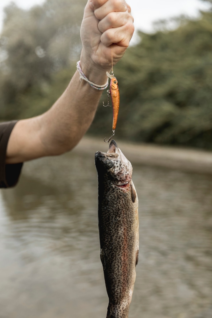 Photo gratuit personne pêchant un poisson avec une canne