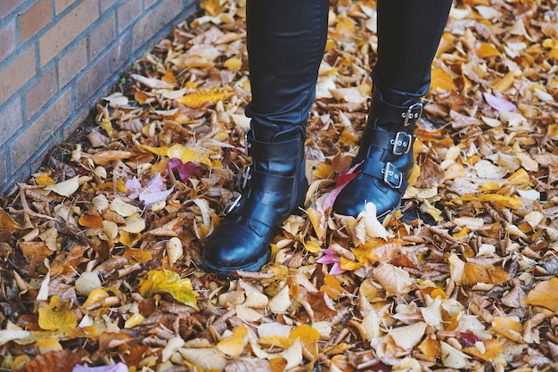 Personne portant des bottes en cuir noir marchant dans les feuilles colorées