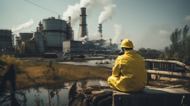 Photo gratuite personne portant une combinaison de protection contre les matières dangereuses travaillant dans une centrale nucléaire