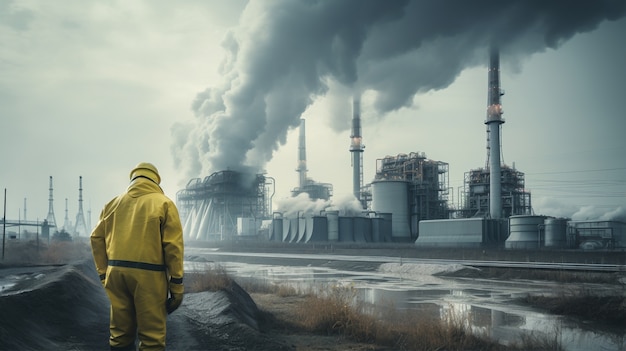 Photo gratuite personne portant une combinaison de protection contre les matières dangereuses travaillant dans une centrale nucléaire