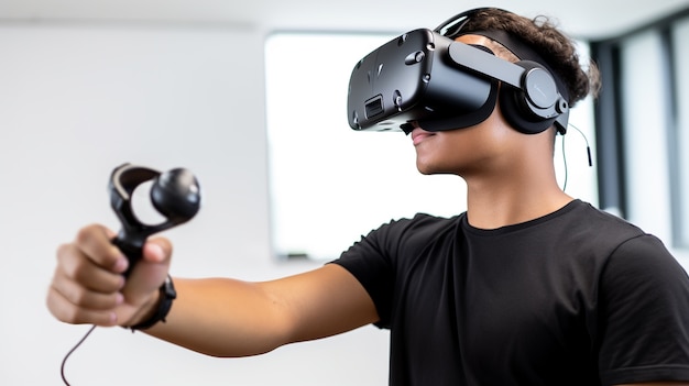 Photo gratuite personne portant des lunettes de réalité virtuelle futuristes pour les jeux