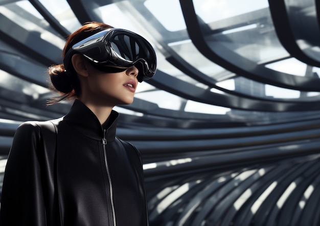 Photo gratuite personne portant des lunettes de réalité virtuelle de haute technologie futuriste