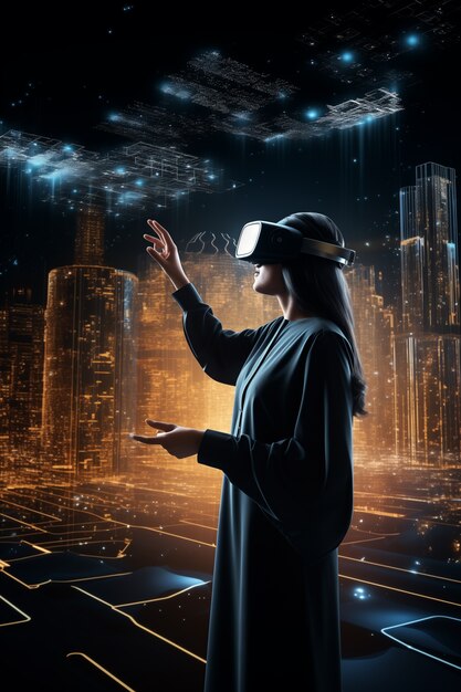 Personne portant des lunettes de réalité virtuelle de haute technologie futuriste