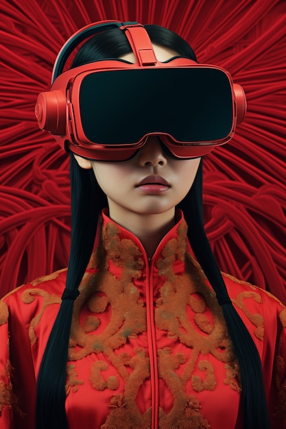 Personne portant des lunettes de réalité virtuelle de haute technologie futuriste