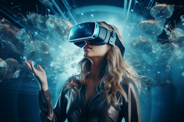 Personne portant des lunettes de réalité virtuelle de haute technologie futuriste