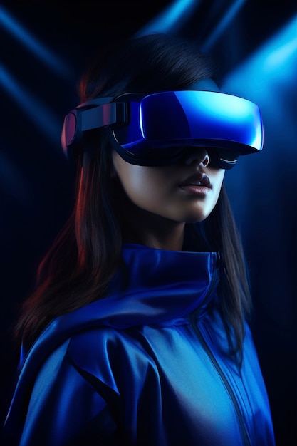 Photo gratuite personne portant des lunettes vr de haute technologie alors qu'elle est entourée de couleurs bleu néon brillantes.