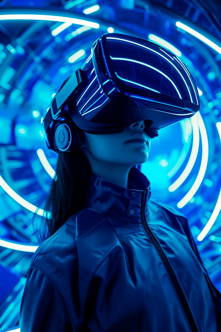Photo gratuit personne portant des lunettes vr de haute technologie alors qu'elle est entourée de couleurs bleu néon brillantes.