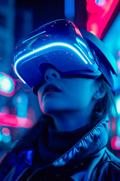 Photo gratuite personne portant des lunettes vr de haute technologie alors qu'elle est entourée de couleurs bleu néon brillantes.