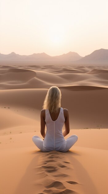 Personne pratiquant la méditation du yoga dans le désert