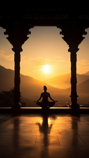Photo gratuite personne pratiquant la méditation du yoga dans la nature au coucher ou au lever du soleil