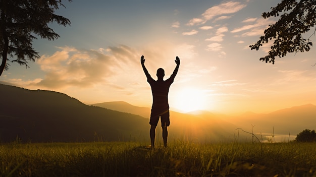 Photo gratuite personne pratiquant la méditation du yoga dans la nature au coucher ou au lever du soleil