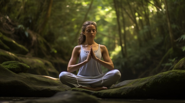 Photo gratuite personne pratiquant la méditation de yoga à l'extérieur dans la nature