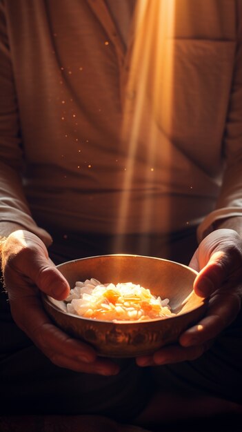 Personne pratiquant la méditation de yoga à l'intérieur avec la lumière du soleil qui traverse